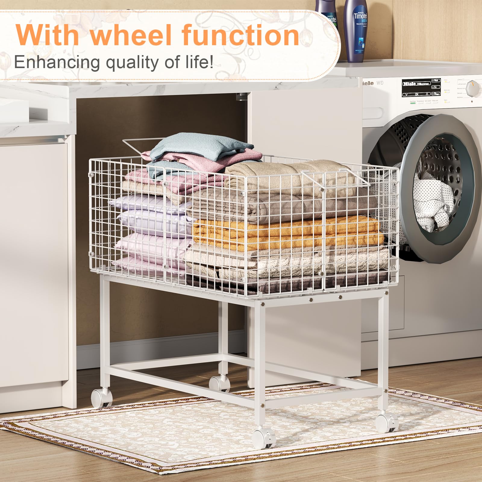 Eyteenokk 120-liter white laundry basket cart offers spacious storage and easy access.