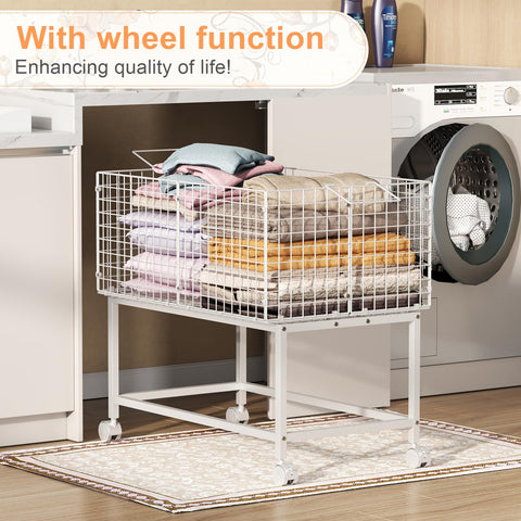 Eyteenokk 120-liter white laundry basket cart offers spacious storage and easy access.