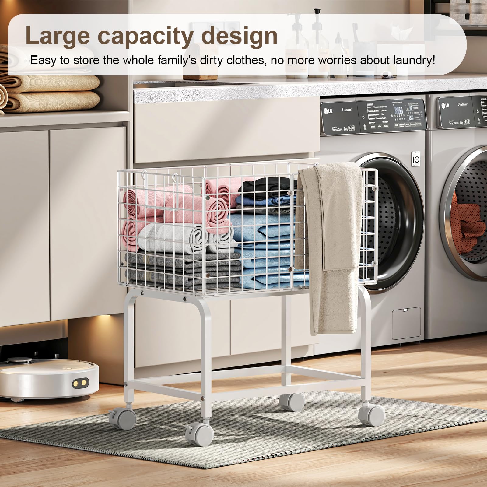 Eyteenokk easy-pull laundry cart supports quick room-to-room transport.