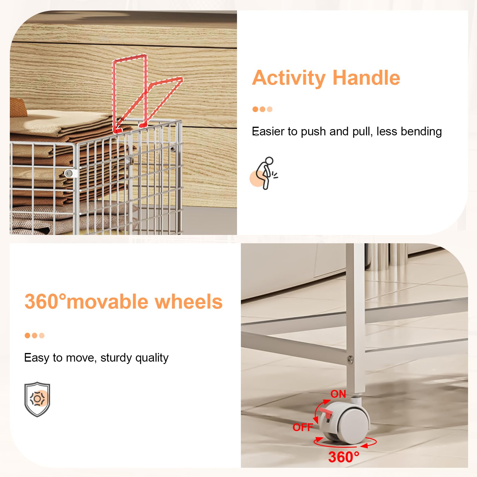 Eyteenokk rolling laundry trolley with four wheels and lockable casters for smooth, secure movement.