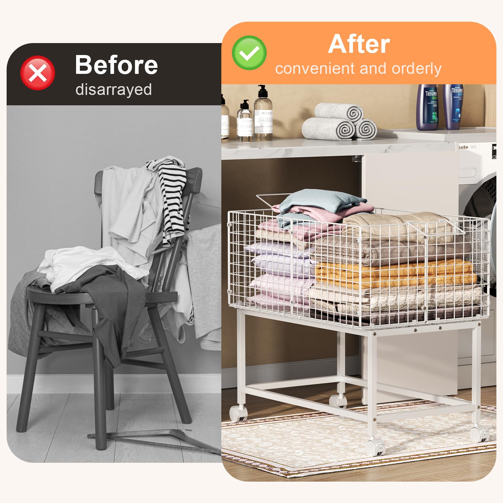 Eyteenokk white laundry cart suited for bedroom and bathroom organization.