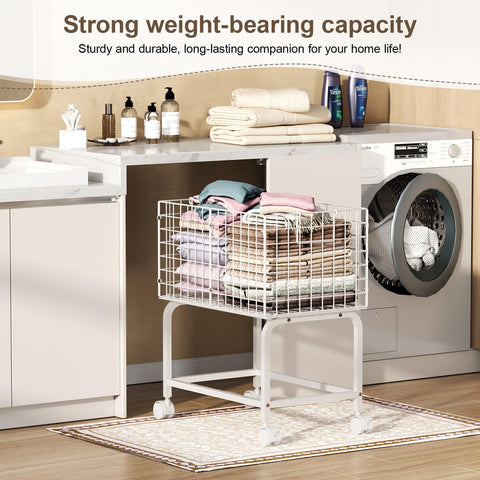 Eyteenokk white laundry hamper cart with handle for effortless movement.