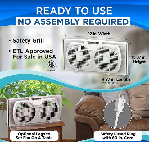 EZ-CHILL 9-Inch Twin Window Fan auto-locking expanders secure window fit.