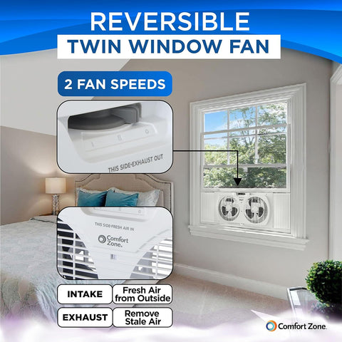EZ-CHILL 9-Inch Twin Window Fan with reversible airflow for flexible cooling.