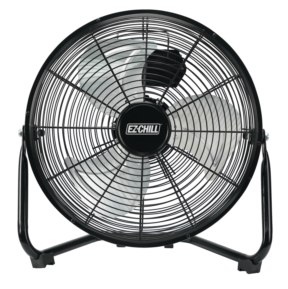 EZ-CHILL cradle floor fan angle view demonstrating adjustable airflow for focused cooling