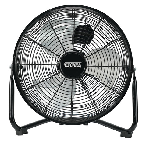 EZ-CHILL cradle floor fan angle view demonstrating adjustable airflow for focused cooling