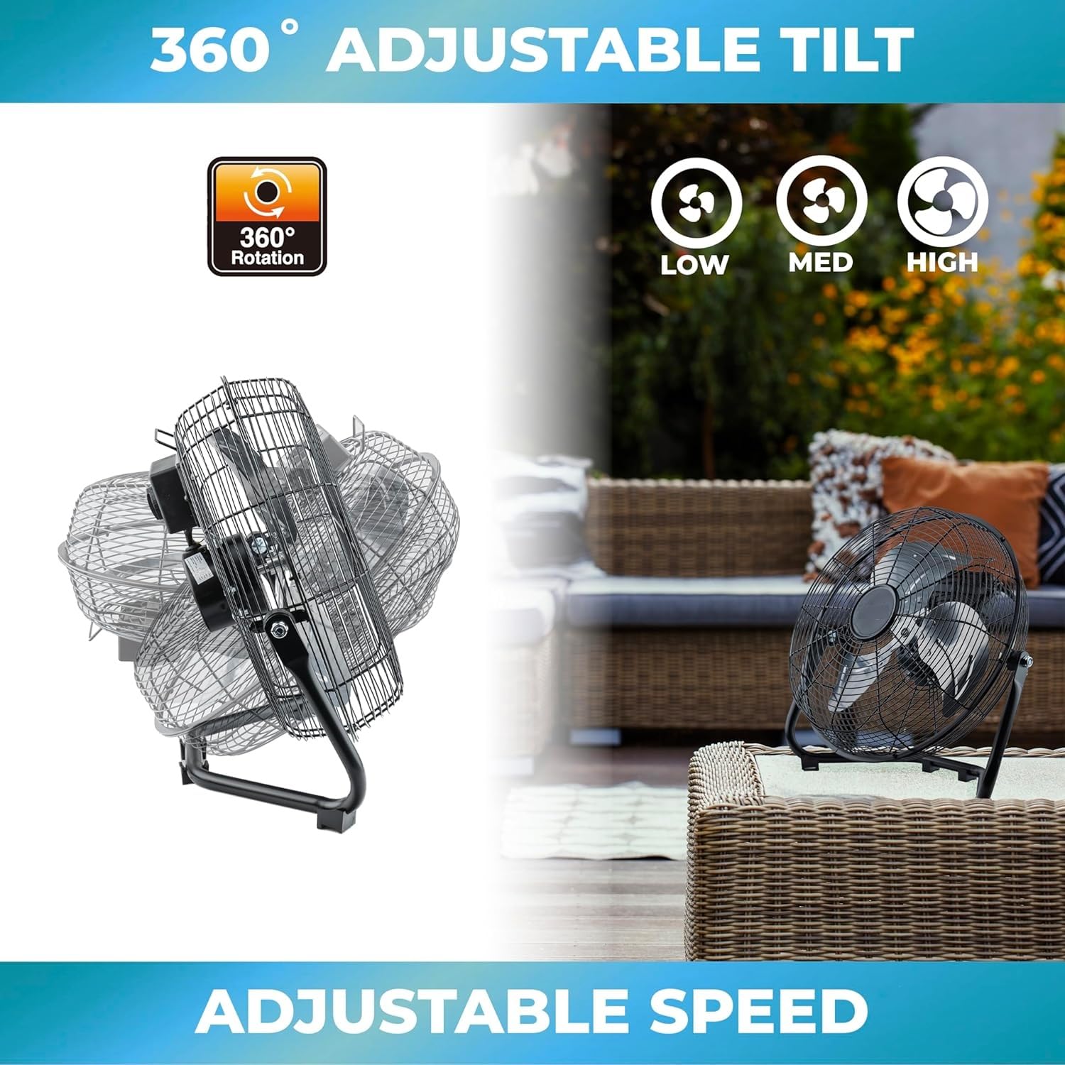 EZ-CHILL cradle floor fan tilt adjustment shows directional airflow for personalized comfort