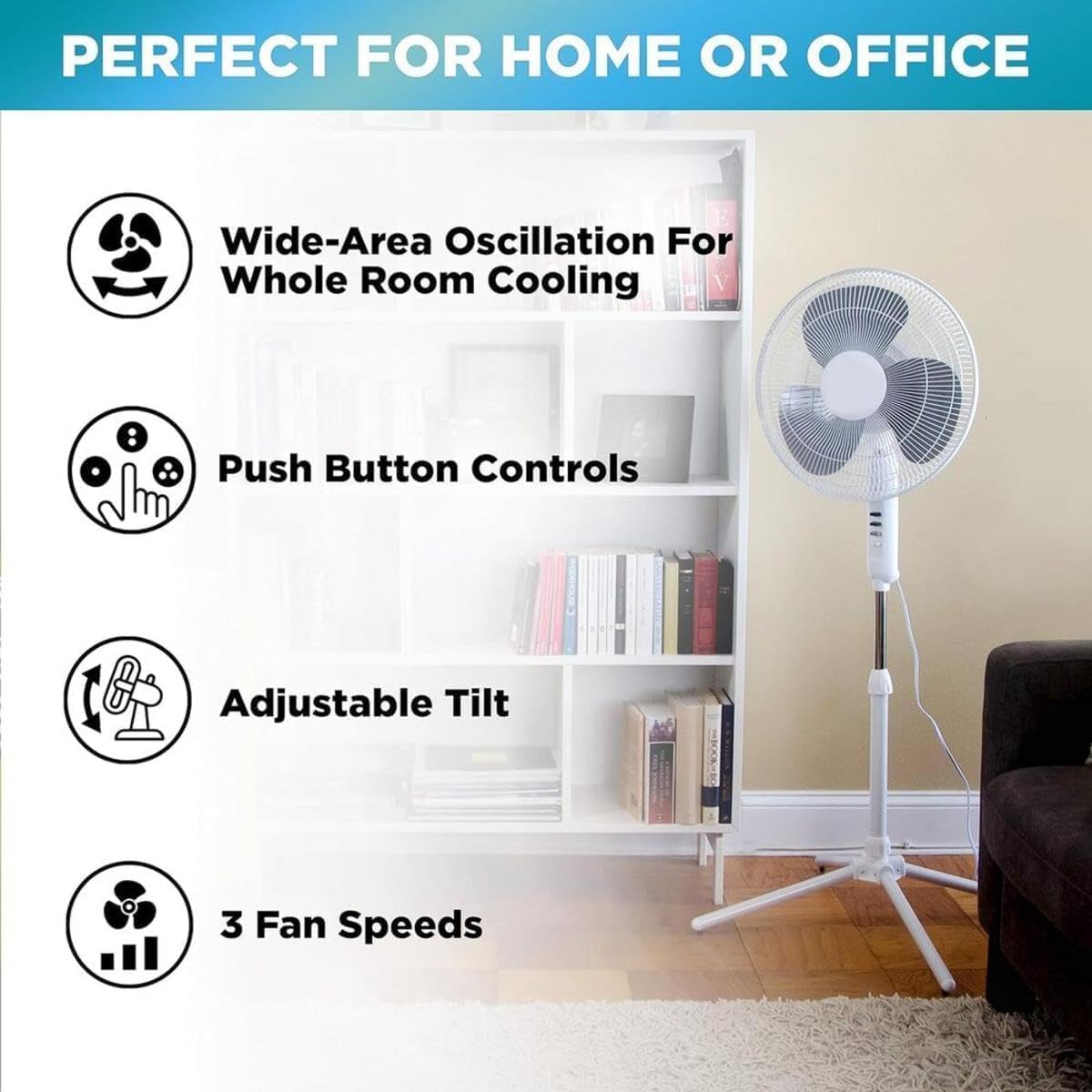 EZ-Chill pedestal fan shows three speed controls for airflow options