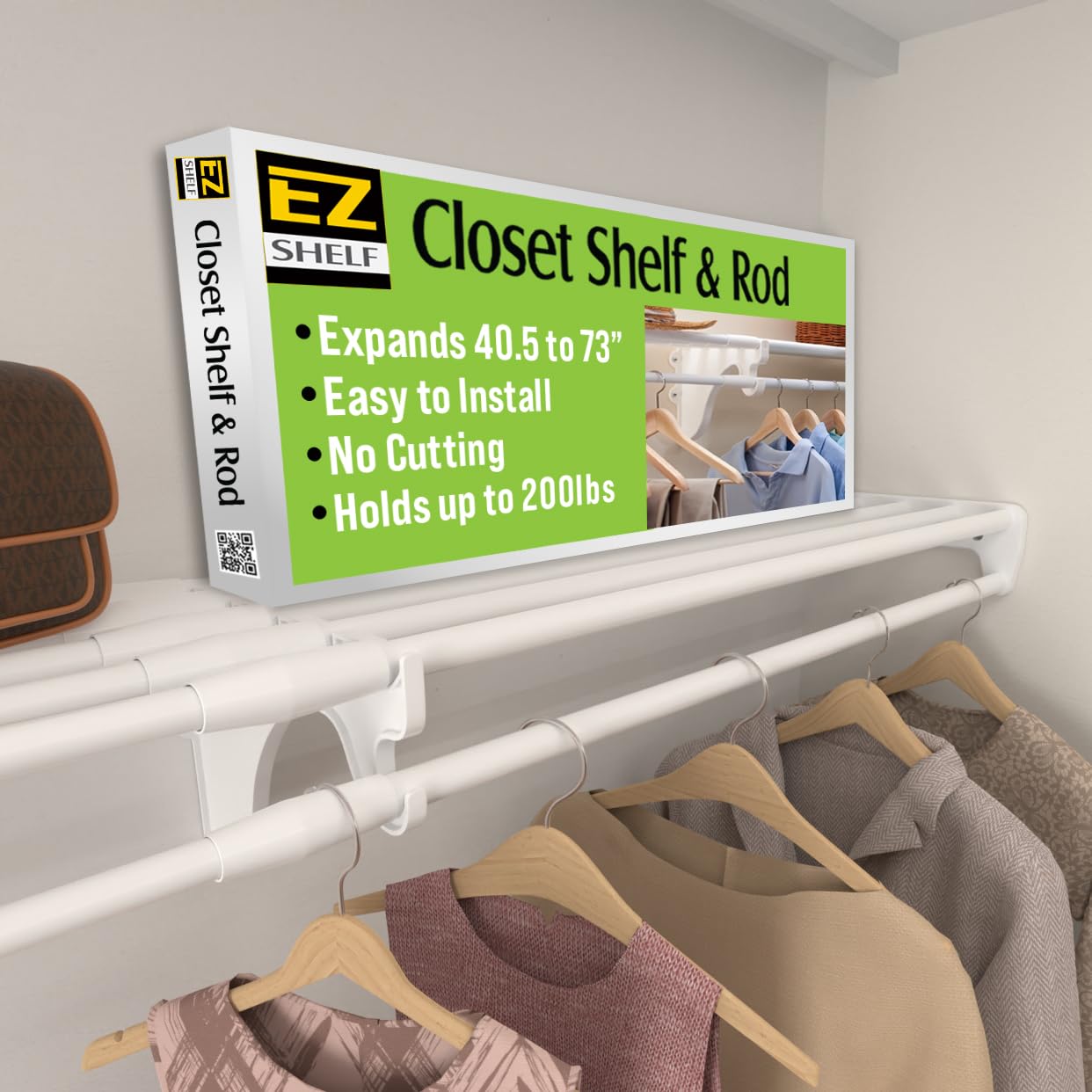 EZ Shelf closet shelf with hanging rod extended between walls for versatile storage.