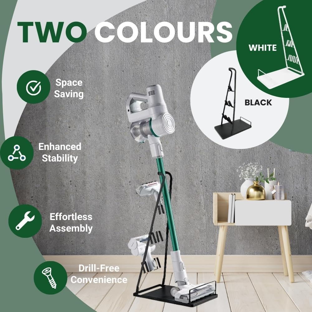 EZ SPARES vacuum stand side view highlights compact, wall free organization
