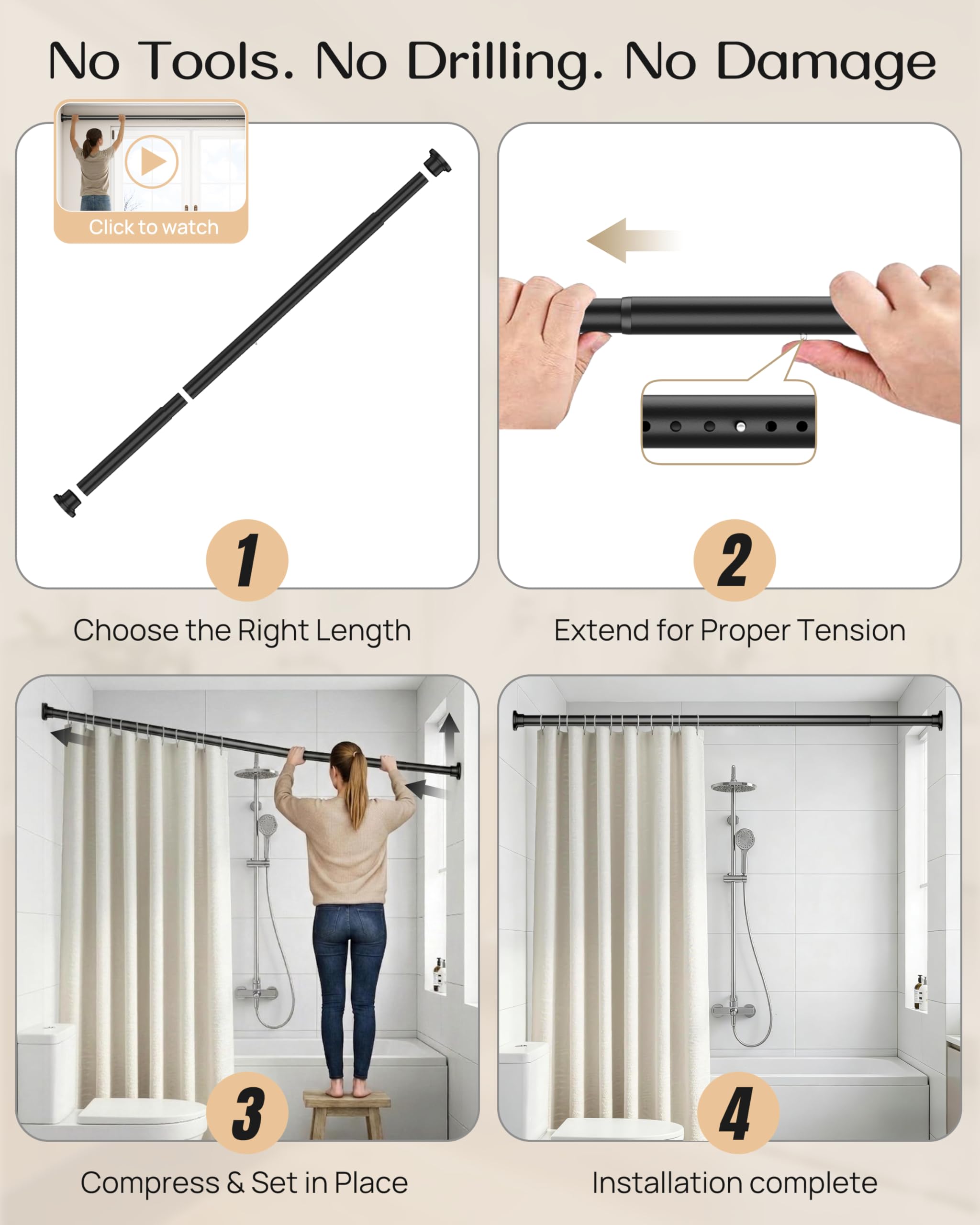 EZFurni shower rod works on tile, glass, wood walls