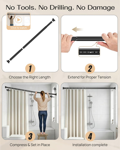 EZFurni shower rod works on tile, glass, wood walls