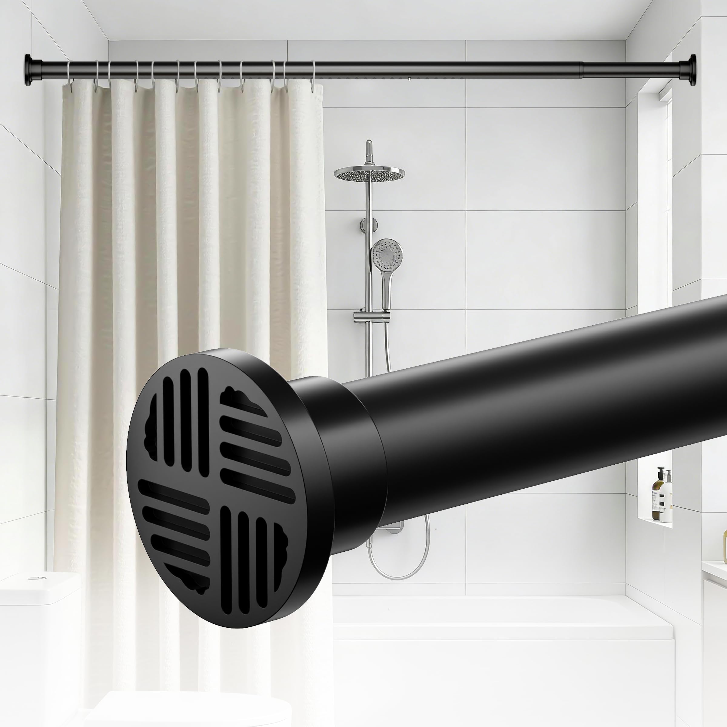 EZFurni No-Twist Shower Rod extended length demonstrating adjustable fit