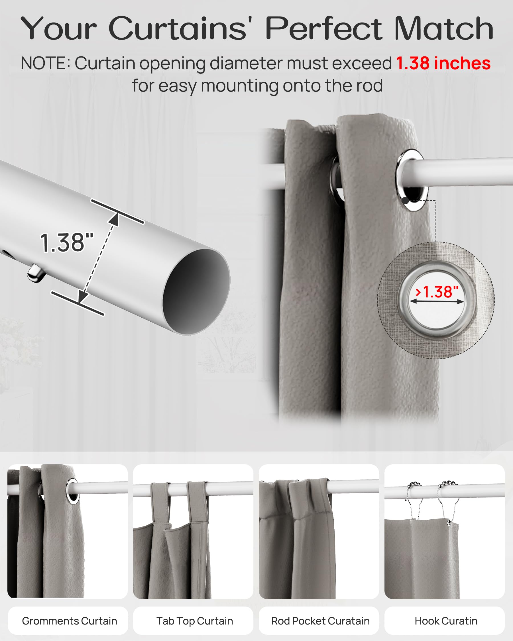 EZFurni tension rod supports blackout curtains without wall damage