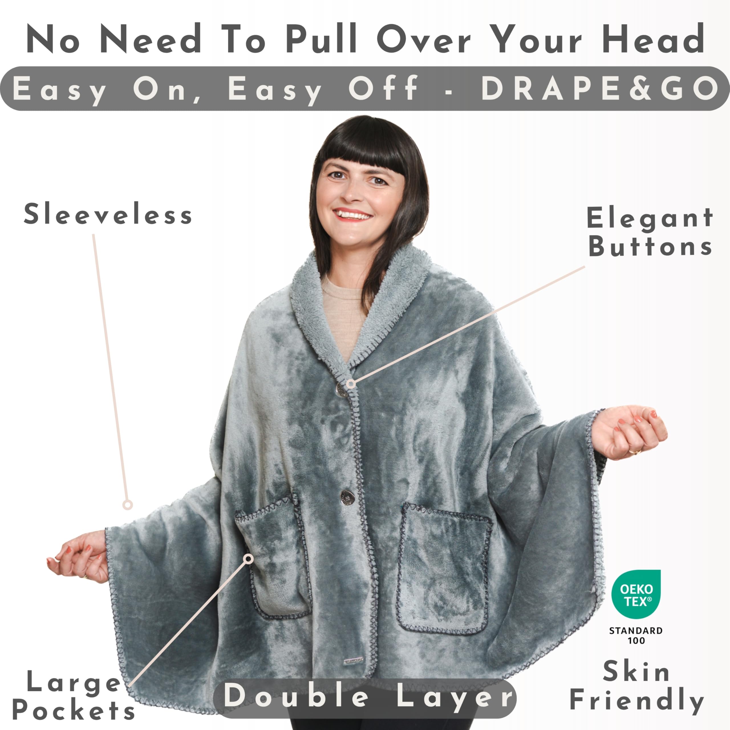 EzrAllora poncho worn as cape demonstrates sleeveless freedom for activity