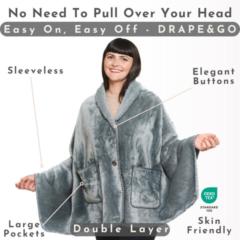 EzrAllora poncho worn as cape demonstrates sleeveless freedom for activity