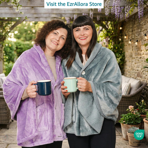EzrAllora premium poncho blanket back view highlighting extended seated coverage
