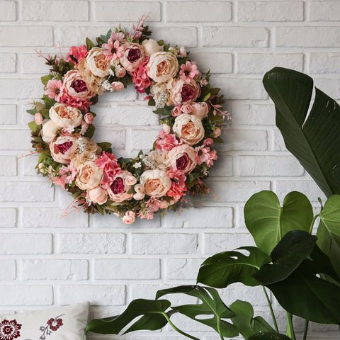 EZsenses Peony Wreath close-up reveals detailed petals and durable UV-resistant fabric.