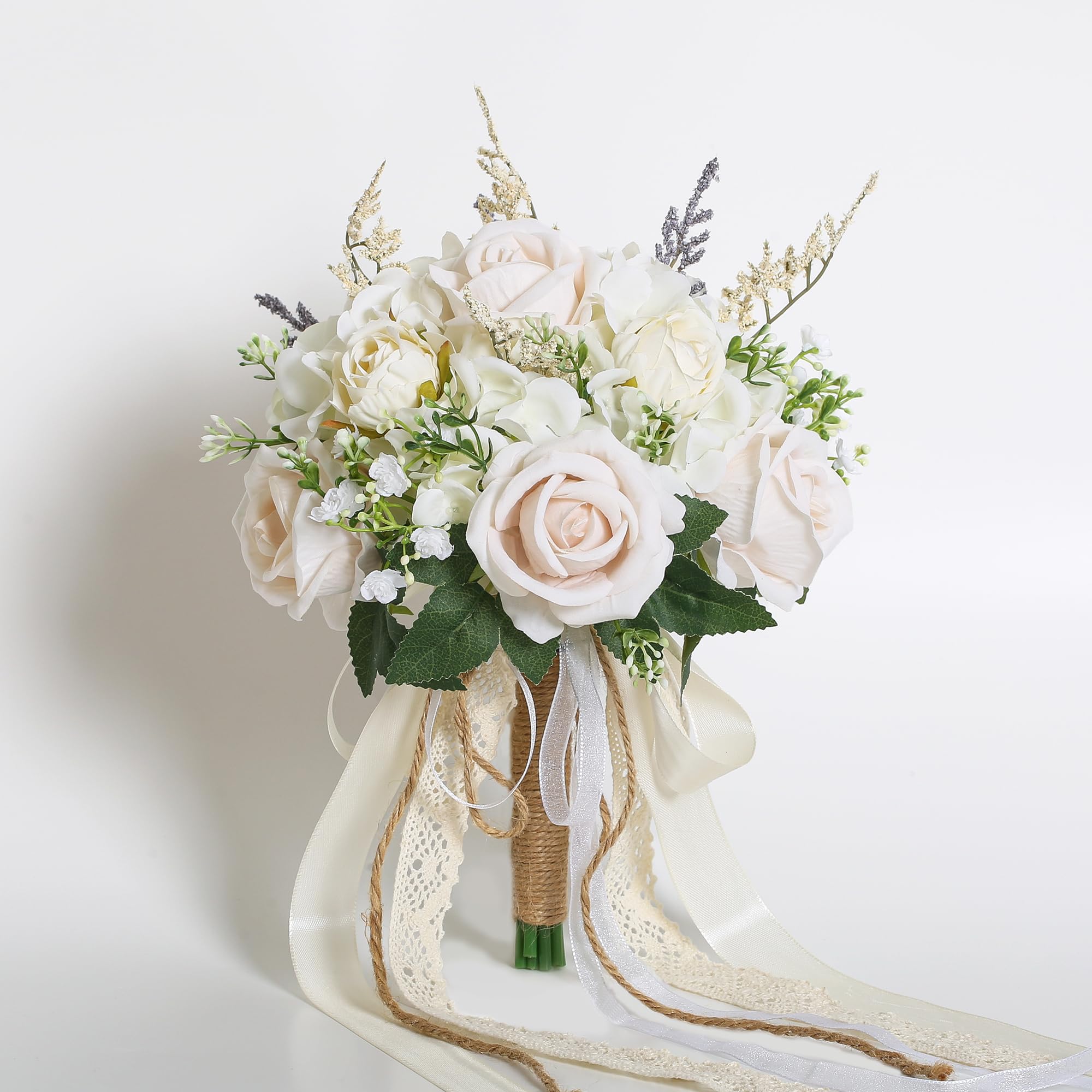 EZsenses wedding bouquet with white champagne roses and ribbon bow for elegant ceremony decor