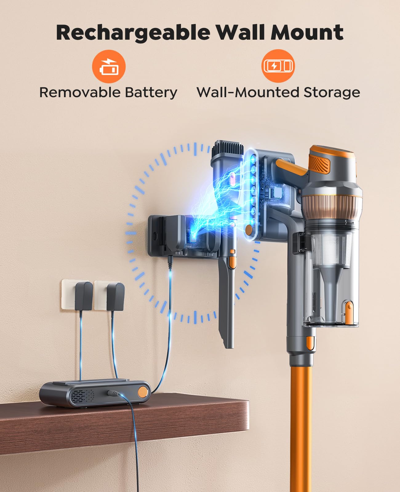 EzyTidy VAC04 wall-mount charging base for neat storage