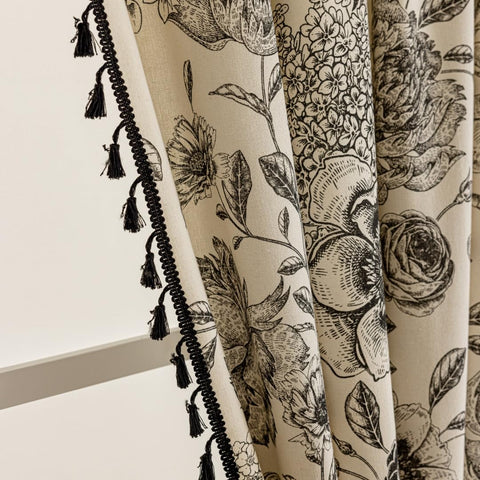 F-CHU black floral farmhouse curtains with rod pockets offer easy hanging and privacy.