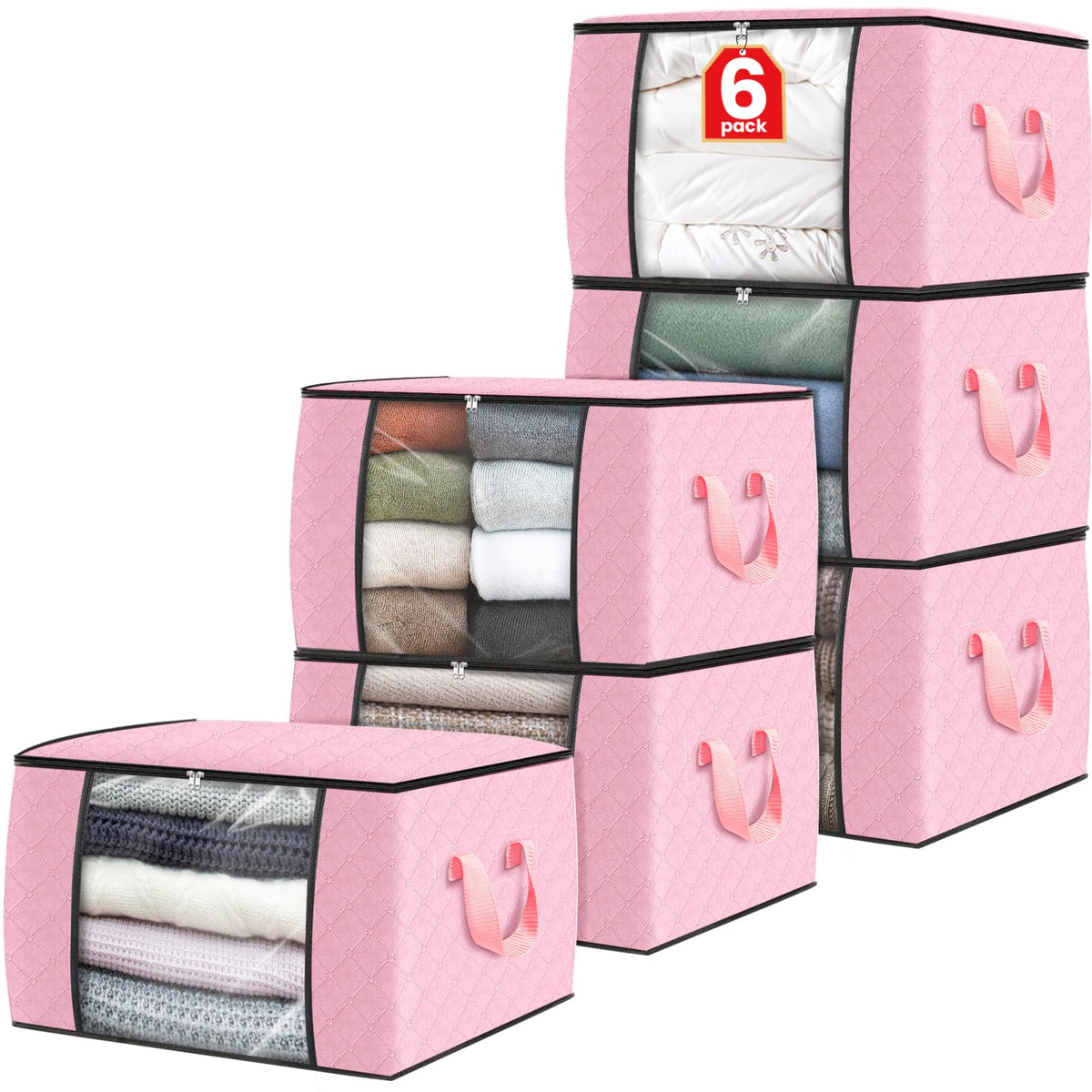 Fab totes six-pack storage bags folded neatly for compact closet organization.