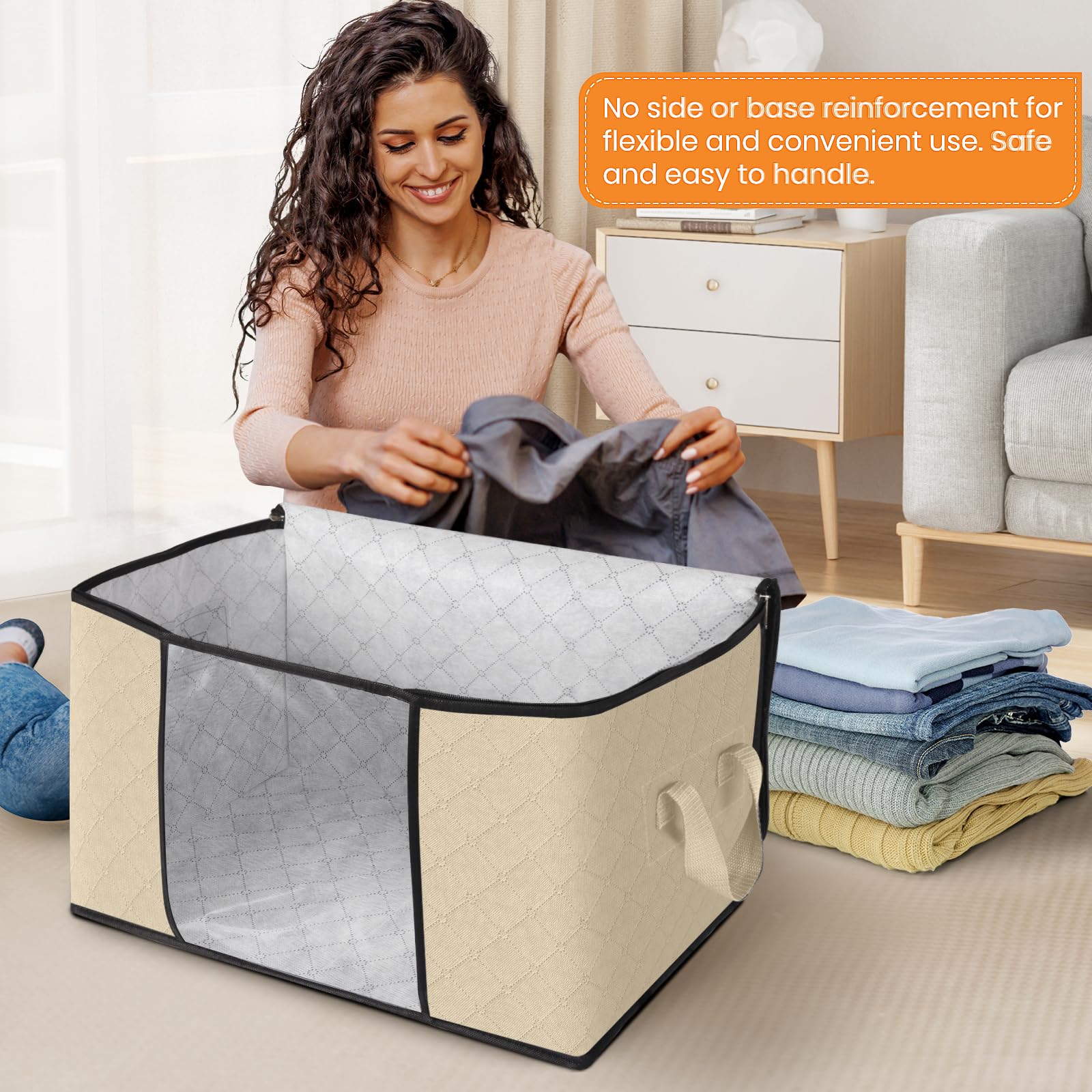 Fab totes window view for quick visibility of stored blankets or clothes.