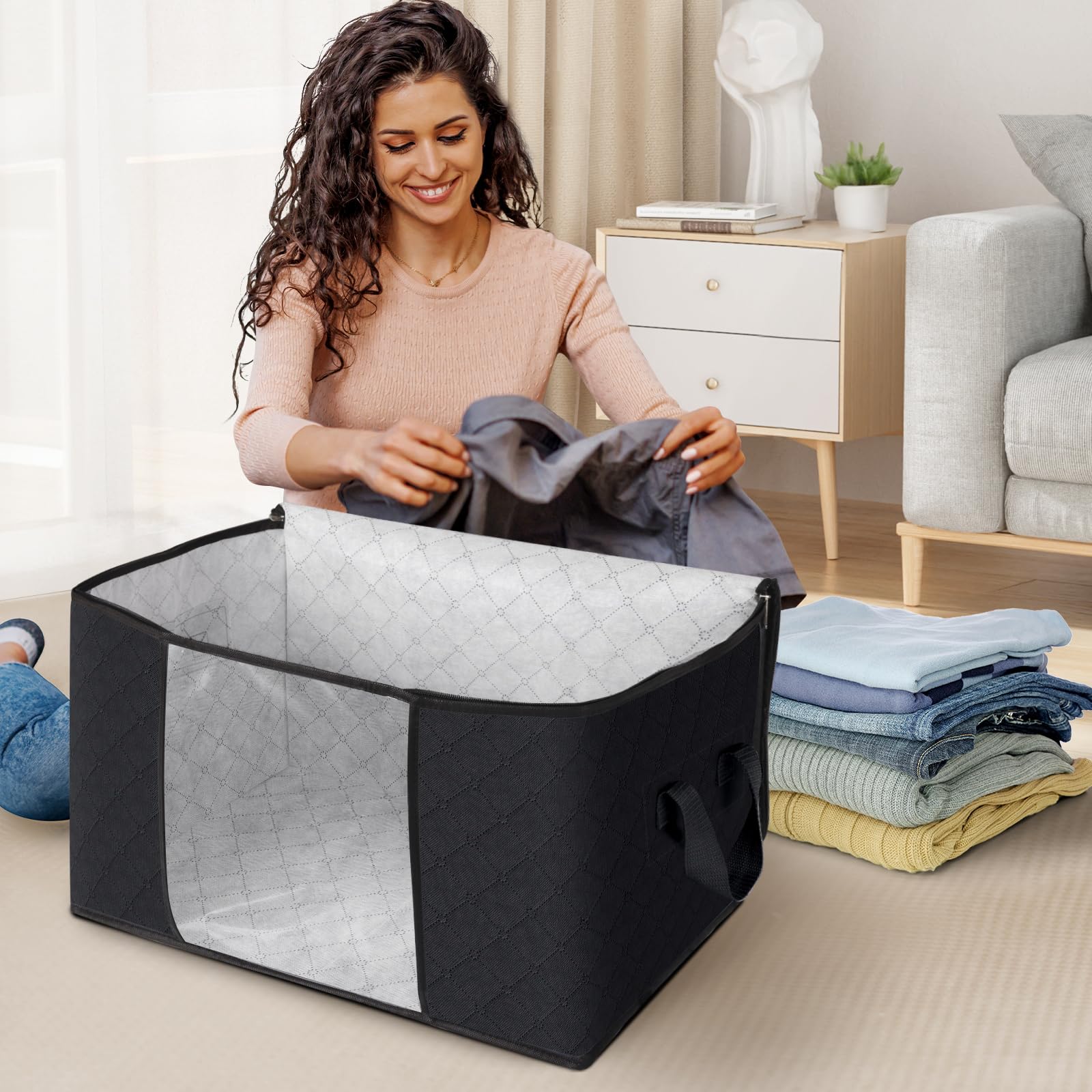 Fab totes see-through window demonstrates quick visibility of stored clothes.
