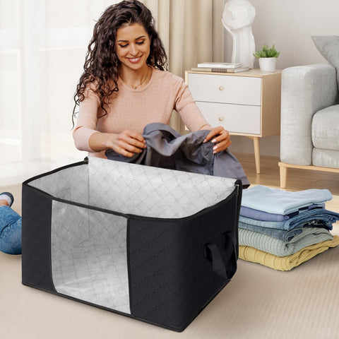 Fab totes see-through window demonstrates quick visibility of stored clothes.
