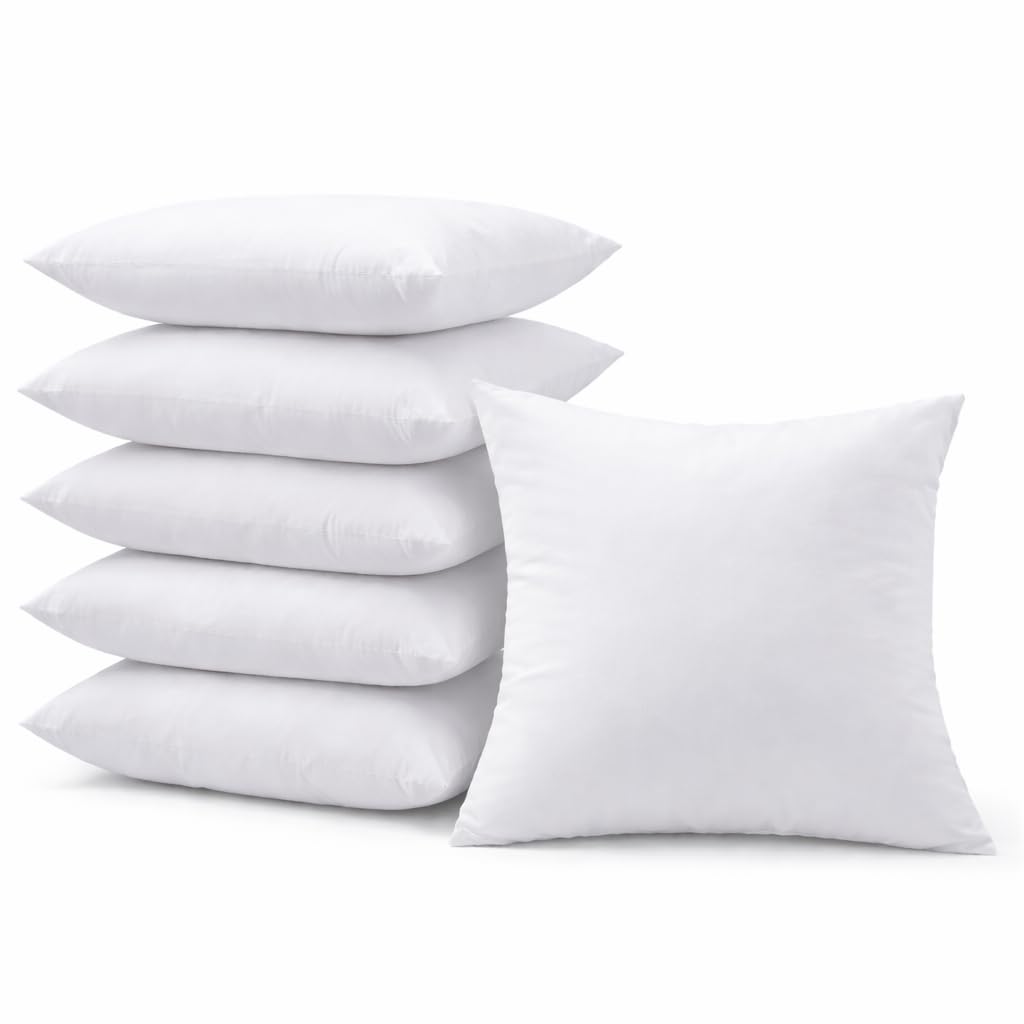 Fabornus 18x18-inch pillow insert six-pack stacked for easy styling and a full look.