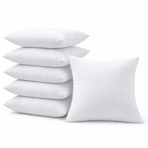 Fabornus 18x18-inch pillow insert six-pack stacked for easy styling and a full look.