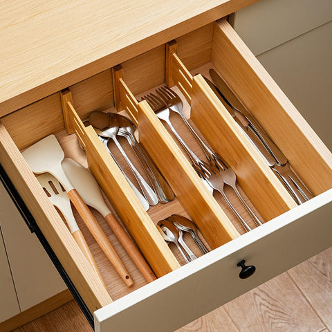 Fabsome adjustable bamboo dividers adapt to different drawer depths for flexible layouts.