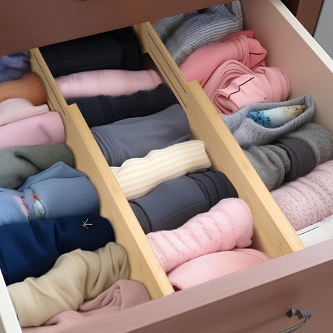 Fabsome bamboo divider with spring mechanism anchors securely in deep drawers.