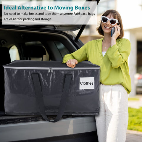 Fabspace 93L moving bag with clear tag pocket for item identification.