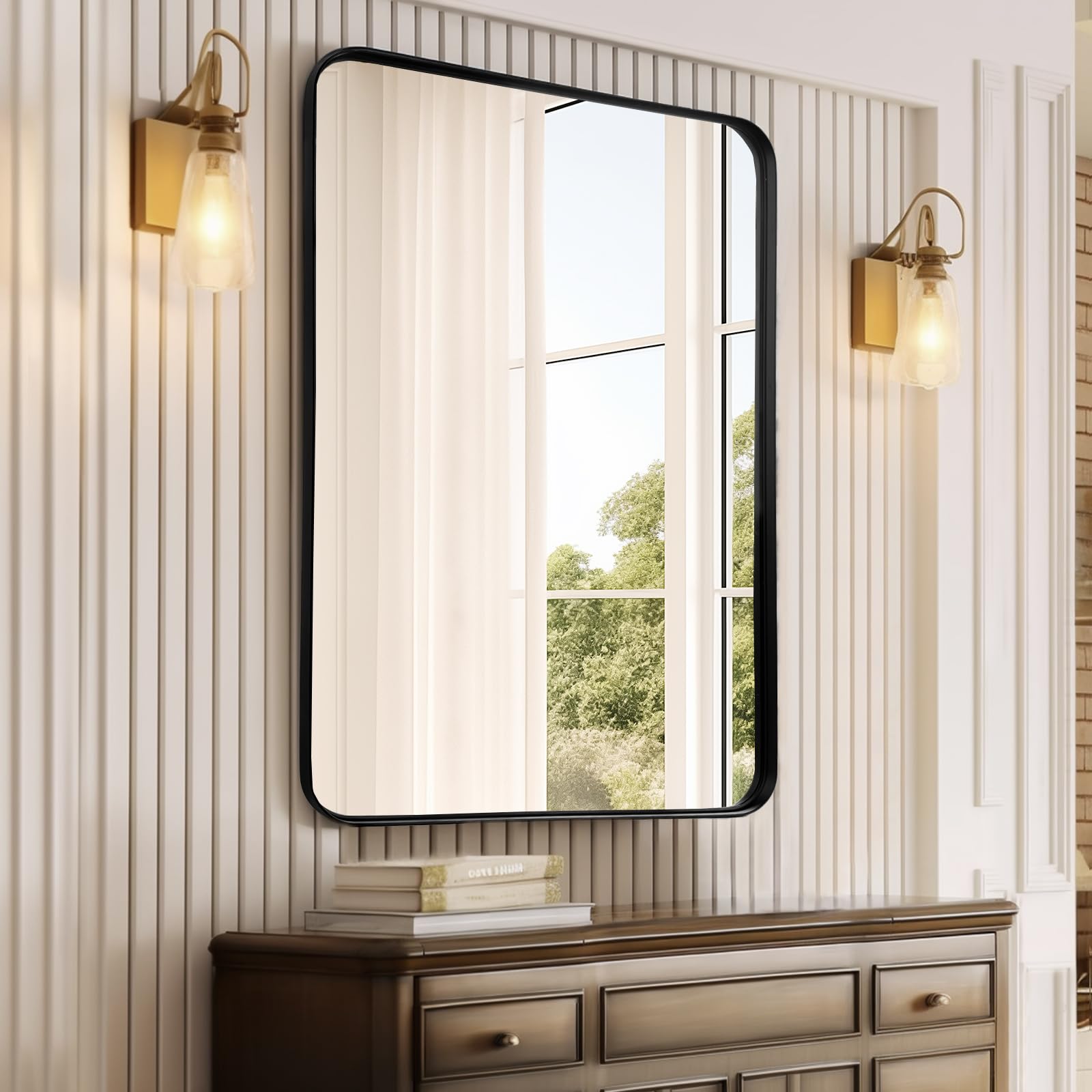 Fabuday mirror mounted on wall in well-lit bathroom area