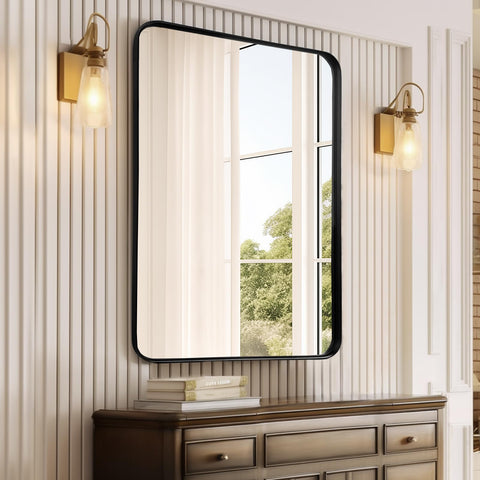 Fabuday mirror mounted on wall in well-lit bathroom area