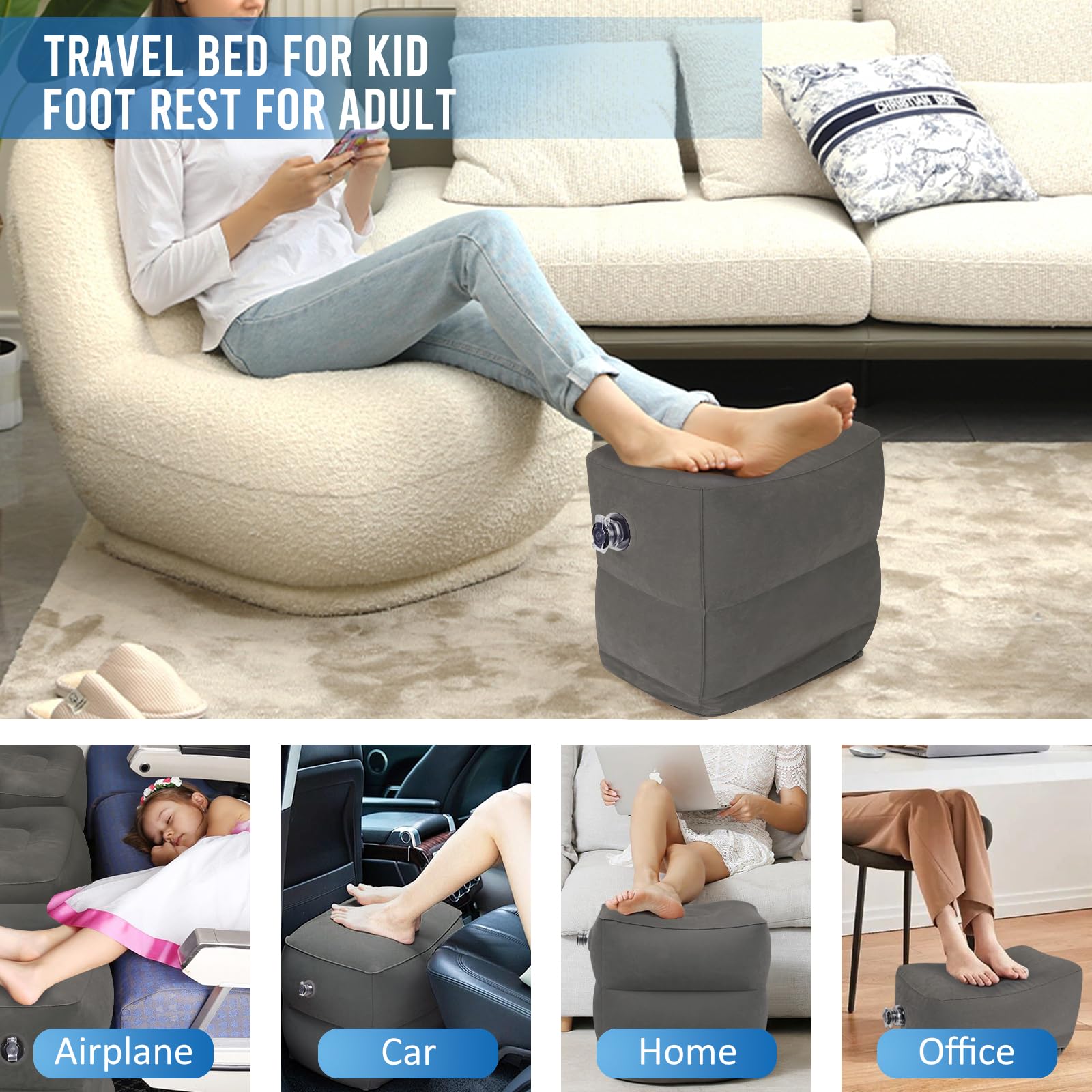Fabuday foot rest features dual valves for quick inflation and deflation.