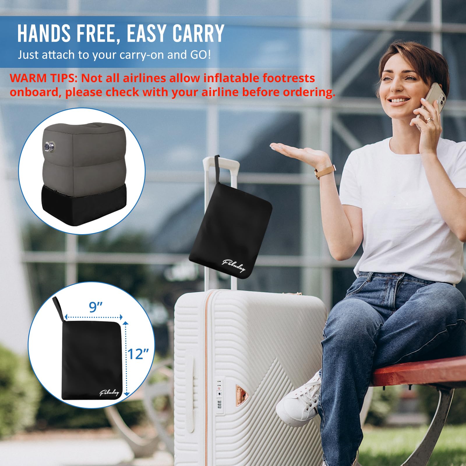 Fabuday easy-carry strap streamlines travel with foot rest on the go.