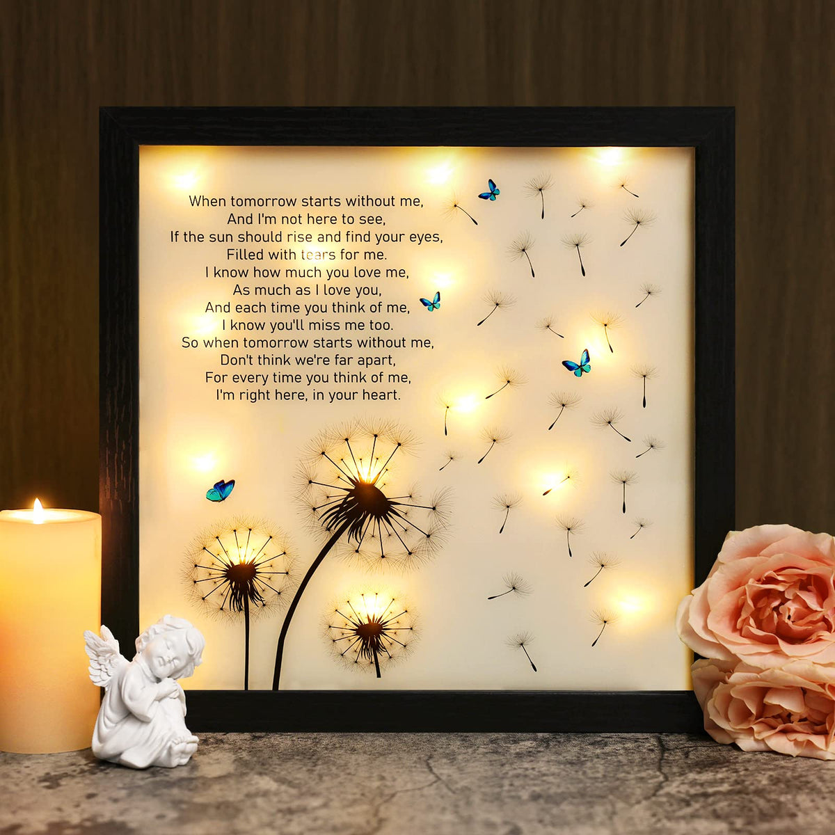 Fabuday memorial LED shadow box with dandelion art glows softly for remembrance.
