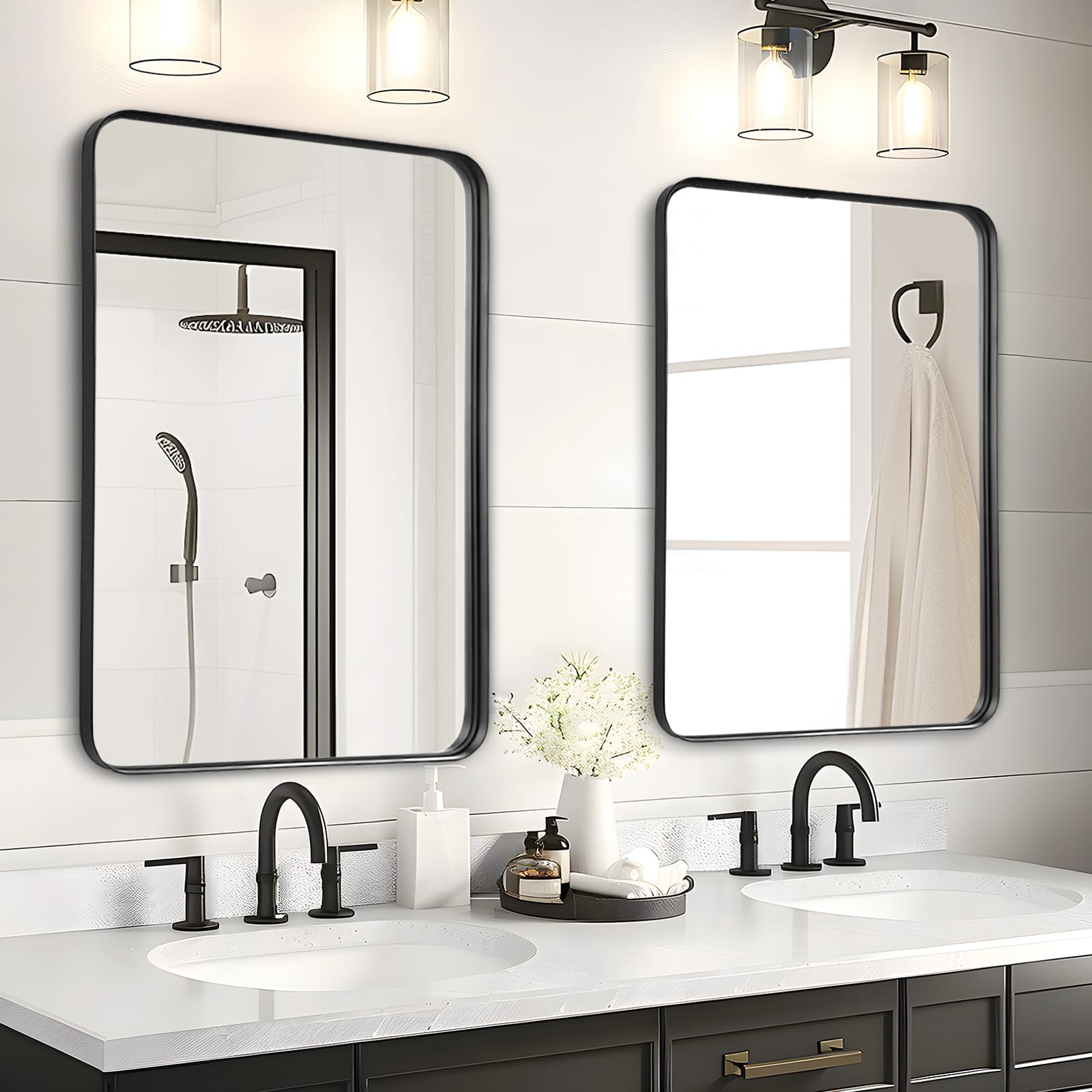 Fabuday over-sink 36x24 mirror reflects bright bathroom lighting