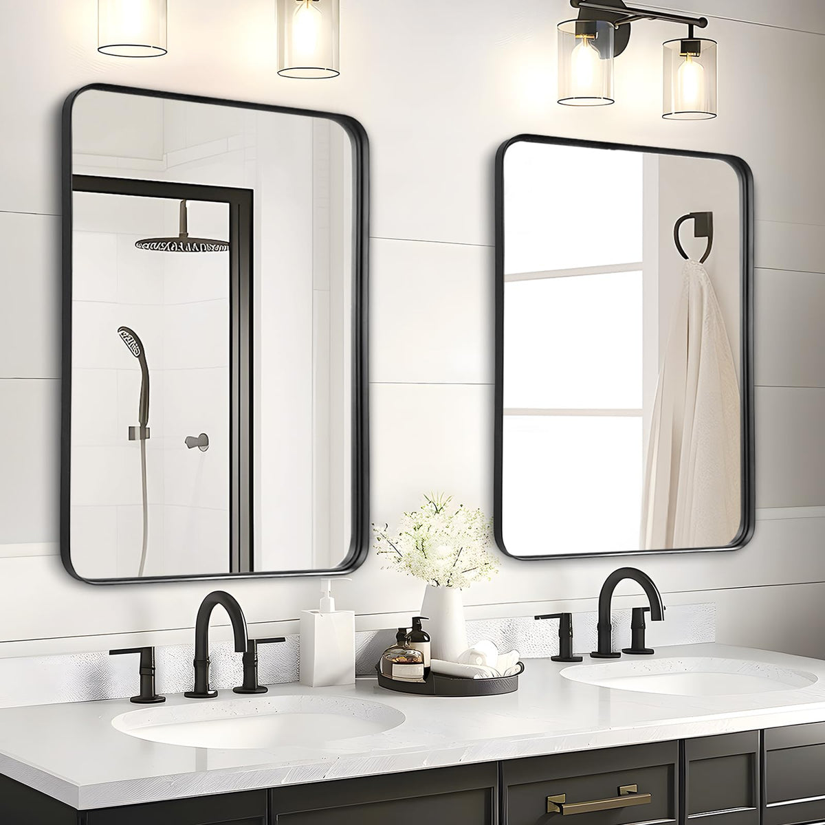 Fabuday over-sink 36x24 mirror reflects bright bathroom lighting