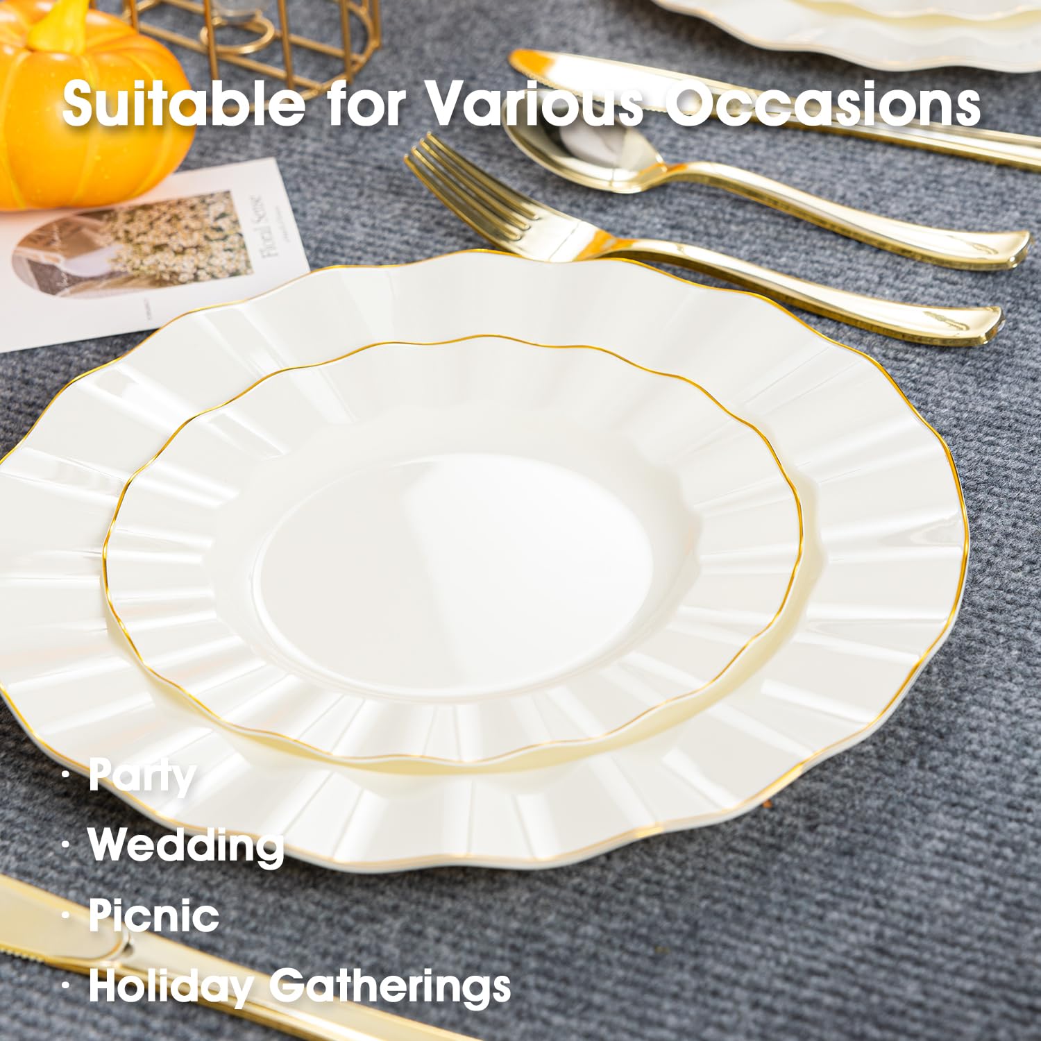 Fabulous Party gold cutlery with ivory-wave plates for coordinated elegance