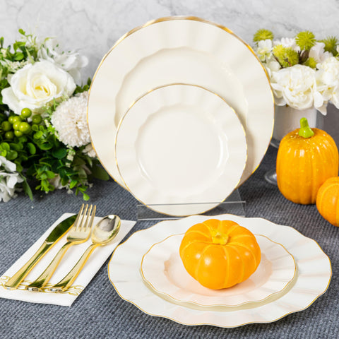 Fabulous Party Thanksgiving table with ivory-wave plates and gold trim