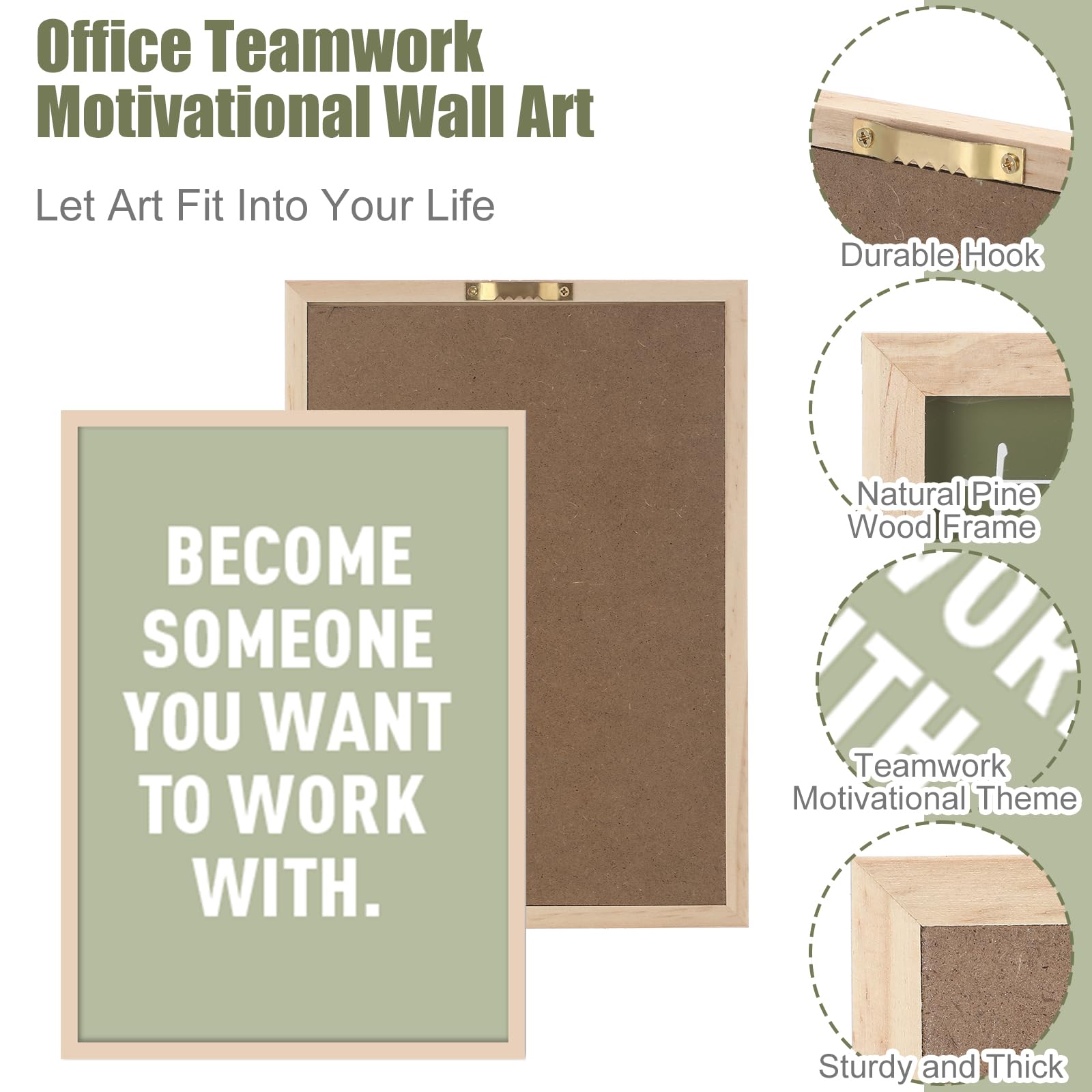 Faccito teamwork motivational art in wooden frames promotes collaboration in offices.