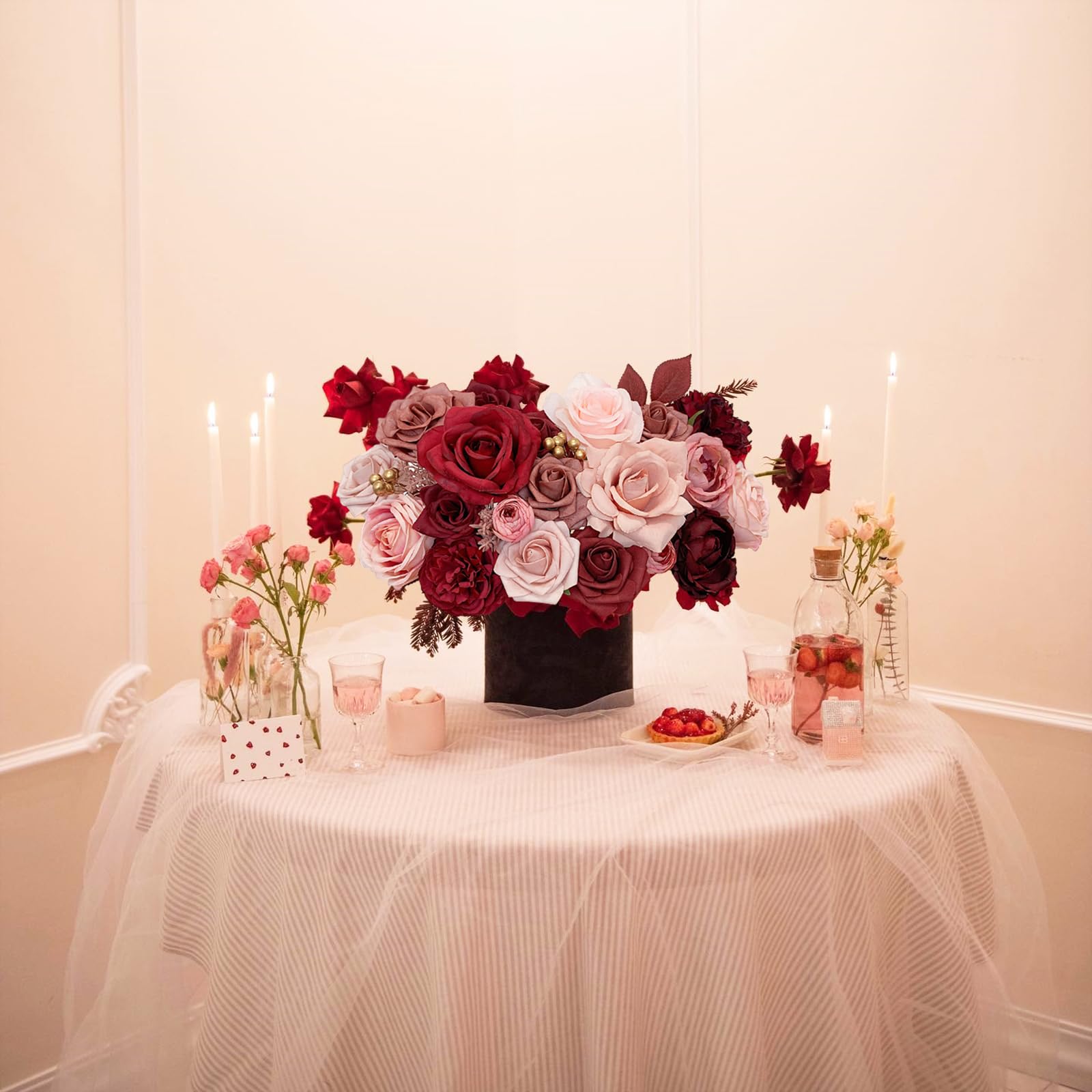 FACINOC burgundy roses garlands enhance textures for celebrations.