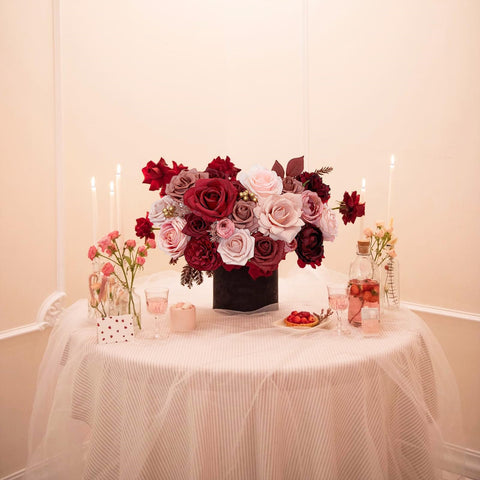 FACINOC burgundy roses garlands enhance textures for celebrations.