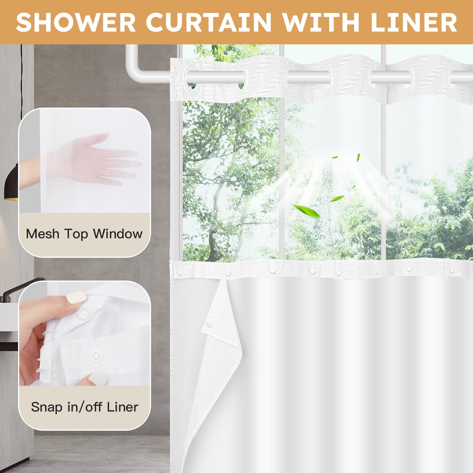 FADOTY mesh-top shower curtain allows light in while preserving privacy