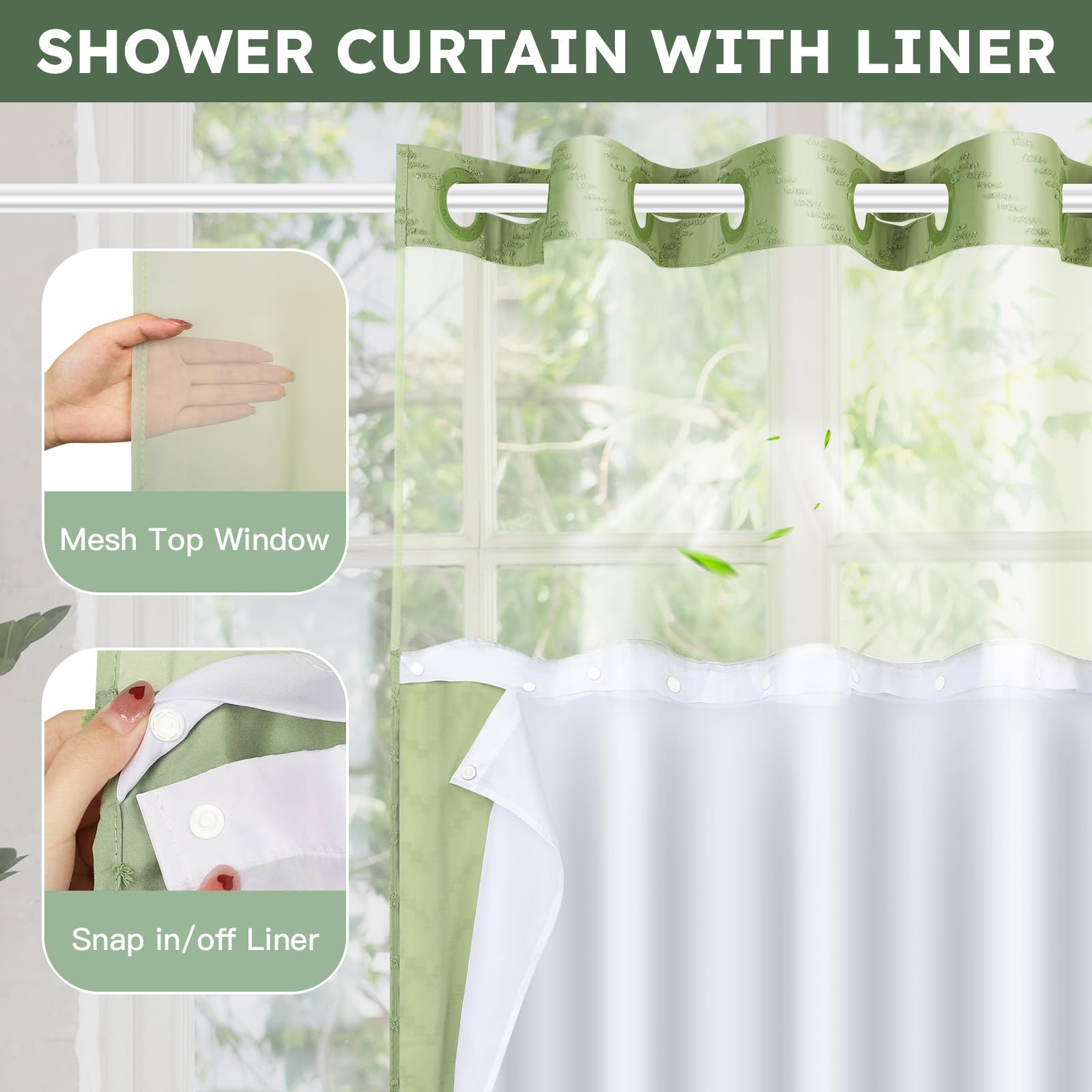 FADOTY mesh-top curtain provides bright shower light and improved airflow while keeping privacy.