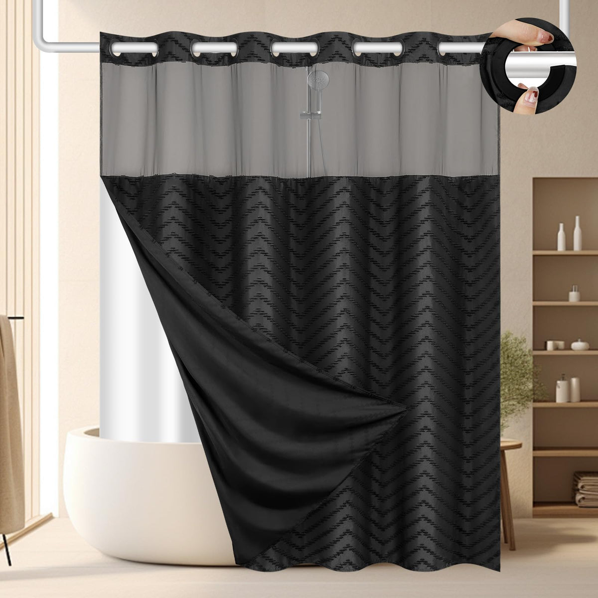 FADOTY No Hook Shower Curtain with built-in rings for quick setup.