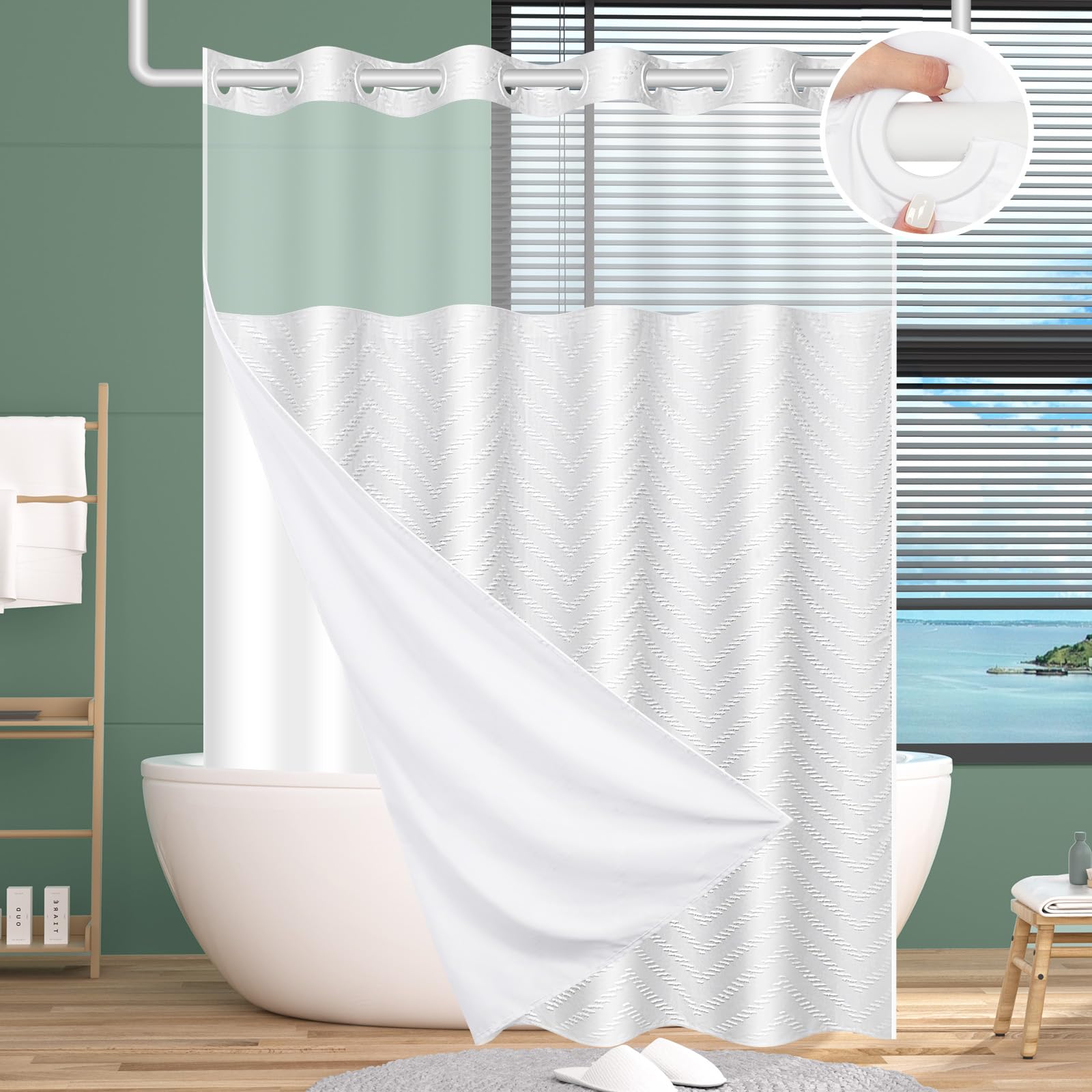 FADOTY no-hook shower curtain with built in rings for easy, fast installation